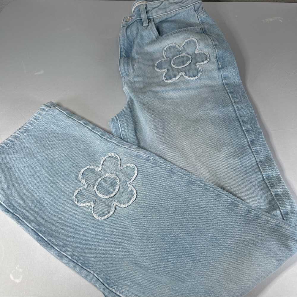 Pacsun baggy bootcut fairy grunge blue jeans 26 EUC boyfriend flower patches